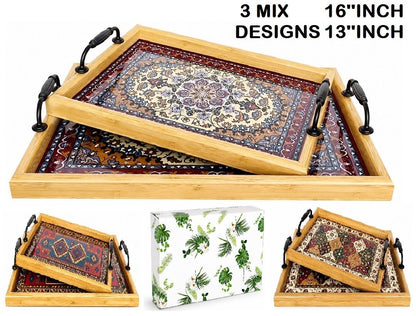 A07059 2-Piece Wooden Serving Tray Set with Metal Handles & Gift Box