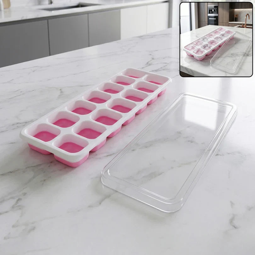 24031 Pink Plastic Ice Cube Tray with Lid - 14 Grid Multipurpose Mold