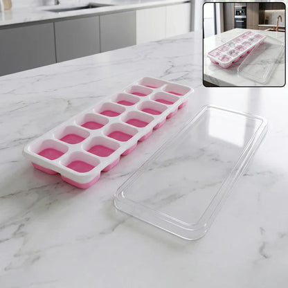 24031 Pink Plastic Ice Cube Tray with Lid - 14 Grid Multipurpose Mold