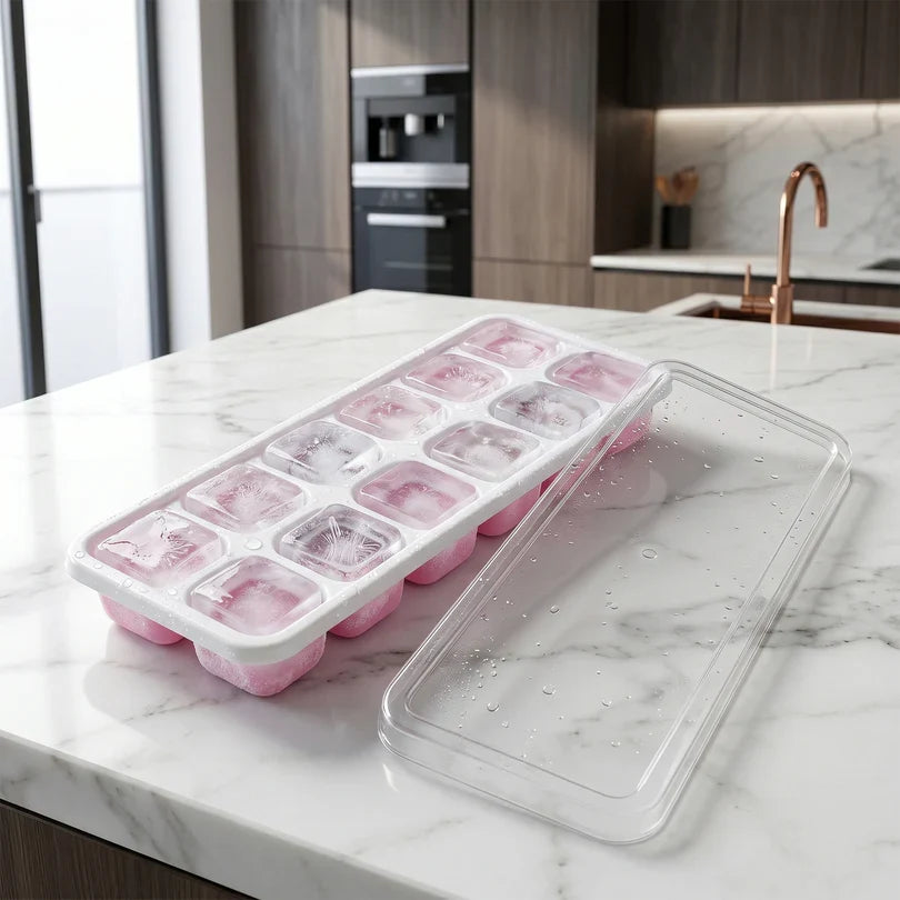 24031 Pink Plastic Ice Cube Tray with Lid - 14 Grid Multipurpose Mold