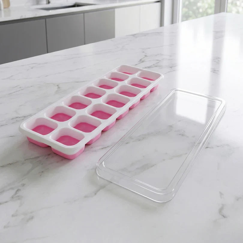 24031 Pink Plastic Ice Cube Tray with Lid - 14 Grid Multipurpose Mold