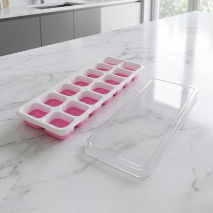 24031 Pink Plastic Ice Cube Tray with Lid - 14 Grid Multipurpose Mold