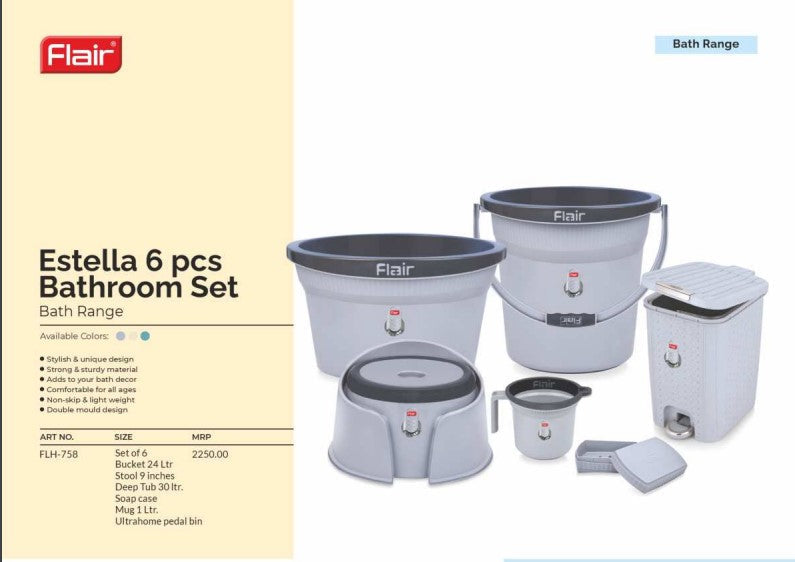 AM2891 FLAIR Estella 6 Piece Bathroom Set (Bucket, Mug, Tub, Stool, Pedal bin, Soap Case)