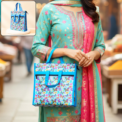 AM6283 Small Vibrant Butterfly Print Jute Bag - Zippered Multi-Purpose Shoulder Bag