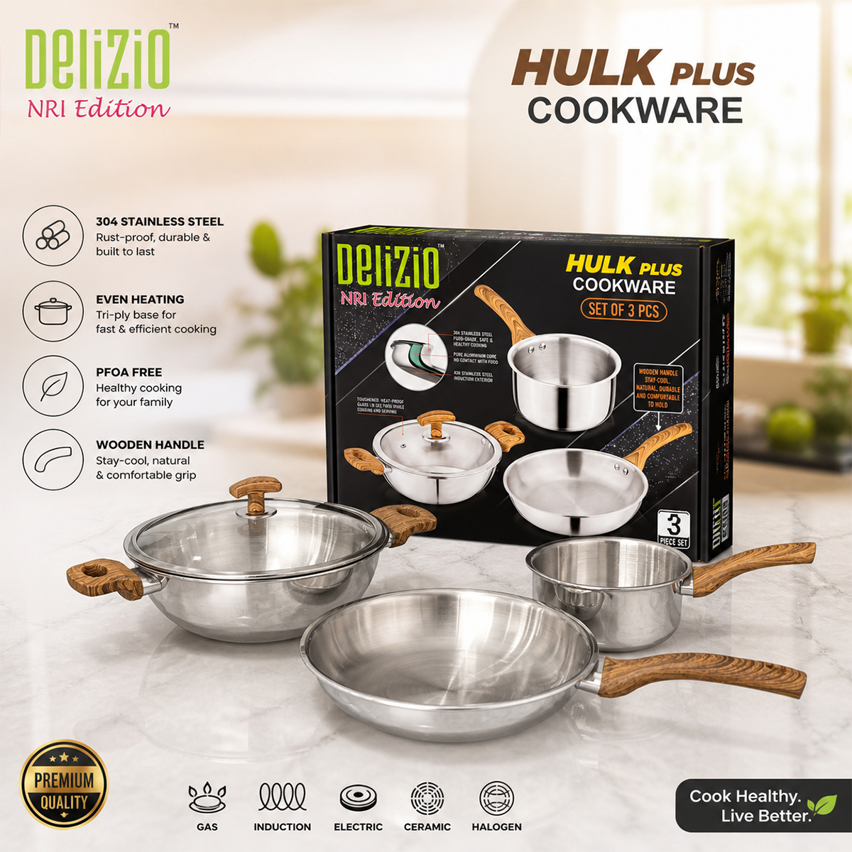 AM7444 Delizio Hulk Plus Triply Stainless Steel Cookware - NRI Edition (4-Piece Set)
