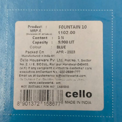 AM5160 Cello Fountain Plastic PU Insulated Water Jug 10 litres, Blue | Leak Resistant | Wide Mouth for Cleaning | BPA Free | Easy to Carry | Ideal for Travel, Picnic, Homes, Offices, Shops & Clinics