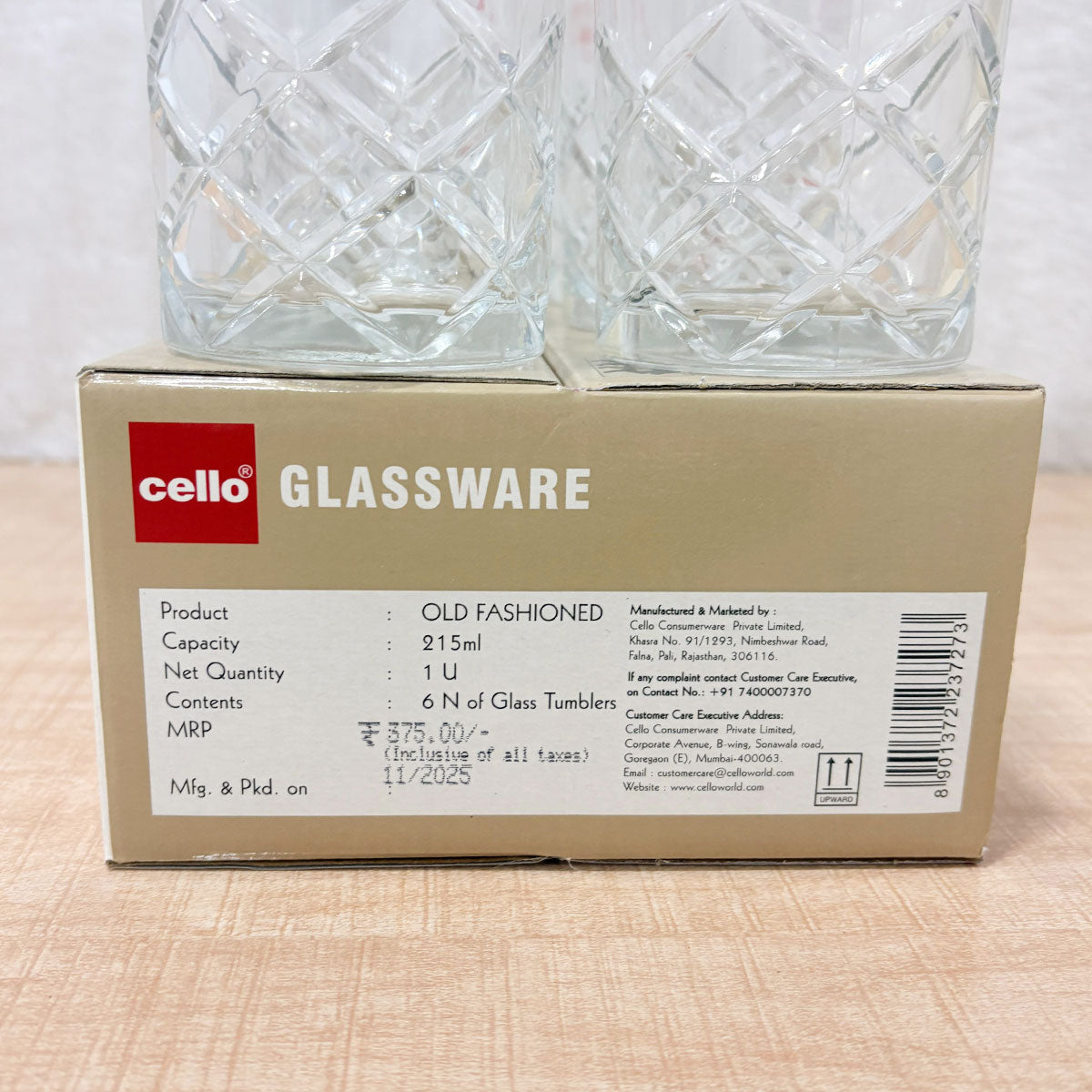AM6600 Cello K-Series Old Fashioned Glass Tumbler Set, 215ml (Set of 6)