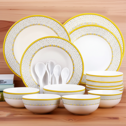 AM5753 Cello Opalware Divine Infinity Dinner Set, 33 Units | Microwave & Dishwasher Safe | Light-Weight & Thermal Resistant | Crockery Set for Dining & Gifting