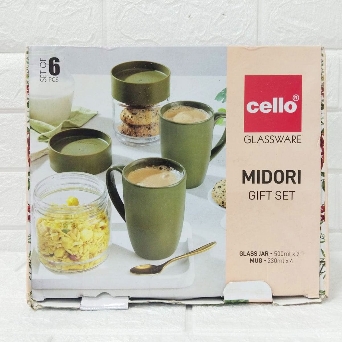 Di0247 Cello Midori Gift Set - 6-Piece Combo with 4 Ceramic Coffee Mugs (230ml) & 2 Glass Storage Jars (500ml)