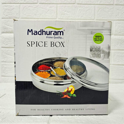 AM6005 Stainless Steel Spice Box with Glass Lid & Spoon – 7 Spice Containers