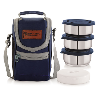 AM0653 Rishabh Steel Bite Double Wall Insulated Modular Shape And 100% Leak Proof 3 Containers Lunch Box