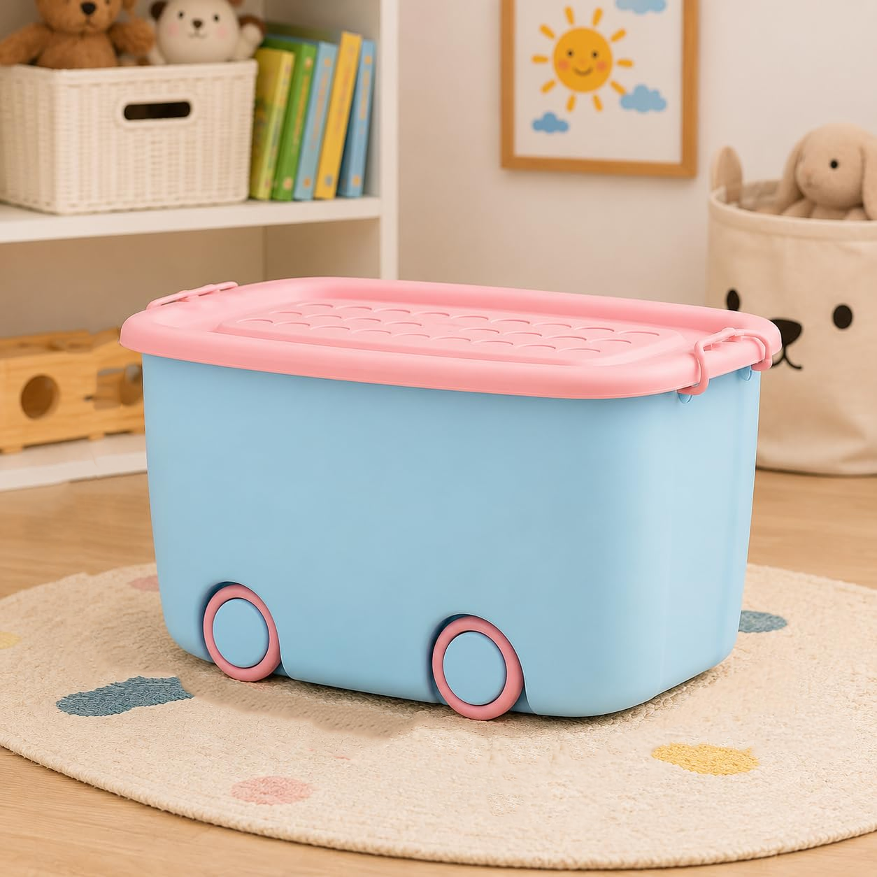 A06743 Kids Plastic Toy Storage Box with Lid & Rolling Wheels (Multicolor)