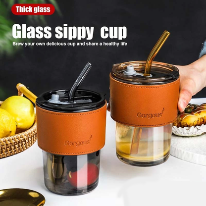 AM7459 Glass Tumbler with Glass Straw and Lid