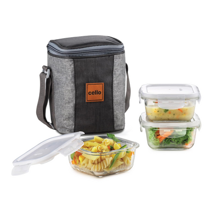 AM5452 CELLO Glassy Square Lunch Box Set of 3 Container with Jacket- each 320m-Microwavable Borosilicate Glass | Leak Proof Design