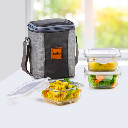 AM5452 CELLO Glassy Square Lunch Box Set of 3 Container with Jacket- each 320m-Microwavable Borosilicate Glass | Leak Proof Design