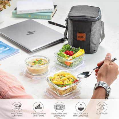 AM5452 CELLO Glassy Square Lunch Box Set of 3 Container with Jacket- each 320m-Microwavable Borosilicate Glass | Leak Proof Design