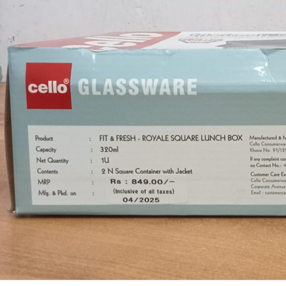AM5444 Cello Royale Square Glass Lunch Box 320ml x 2 N with Jacket (Hr) (Pack of 2Pc)