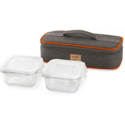 AM5444 Cello Royale Square Glass Lunch Box 320ml x 2 N with Jacket (Hr) (Pack of 2Pc)