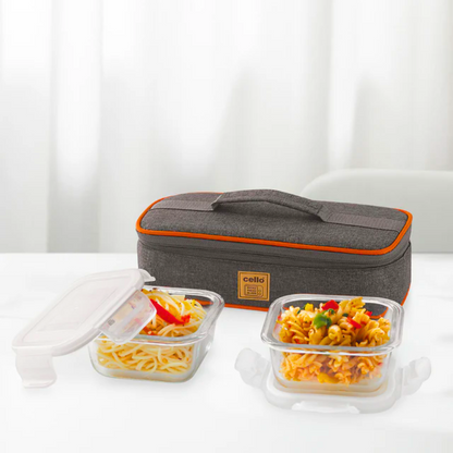 AM5444 Cello Royale Square Glass Lunch Box 320ml x 2 N with Jacket (Hr) (Pack of 2Pc)