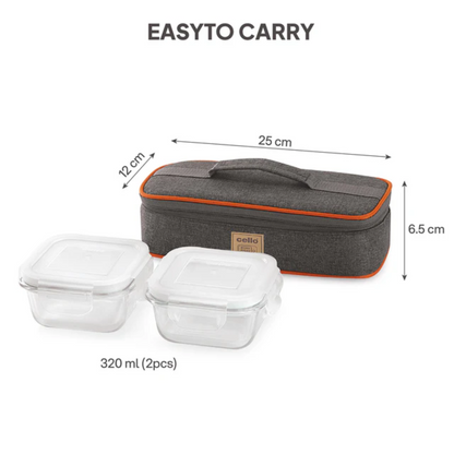 AM5444 Cello Royale Square Glass Lunch Box 320ml x 2 N with Jacket (Hr) (Pack of 2Pc)