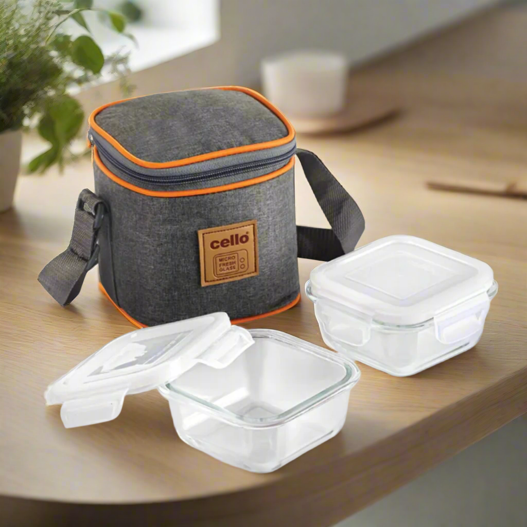 AM5445 Cello Royale Round Glass Lunch Box 320ml x 2 N with Jacket (Vr) (Pack of 2Pc)