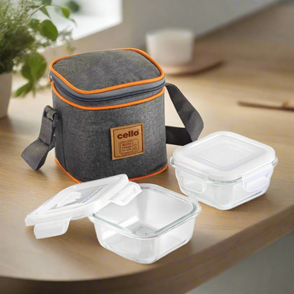 AM5445 Cello Royale Round Glass Lunch Box 320ml x 2 N with Jacket (Vr) (Pack of 2Pc)