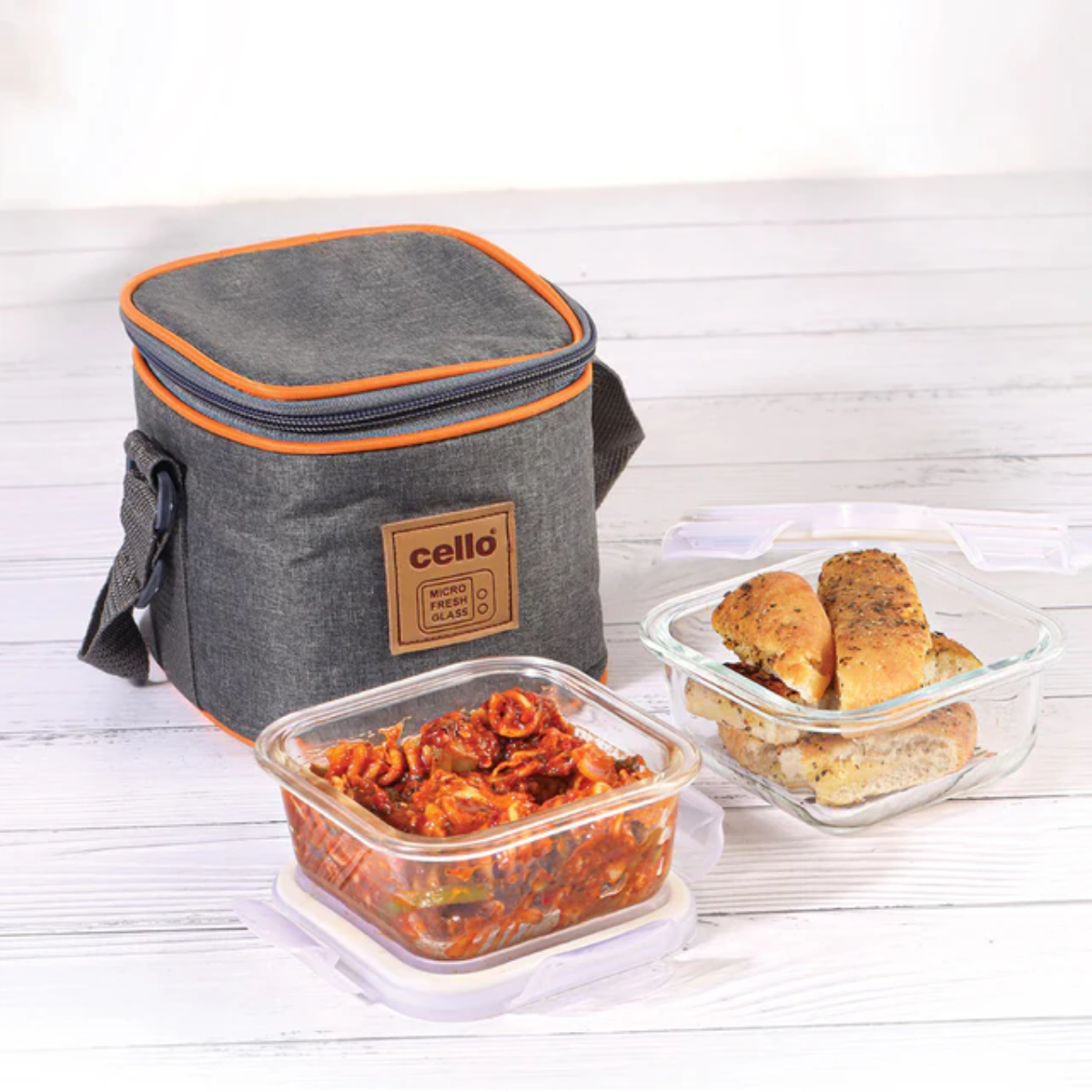 AM5445 Cello Royale Round Glass Lunch Box 320ml x 2 N with Jacket (Vr) (Pack of 2Pc)