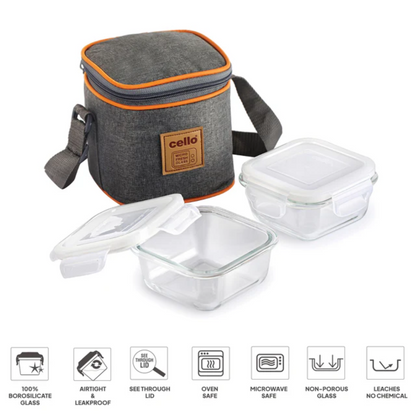 AM5445 Cello Royale Round Glass Lunch Box 320ml x 2 N with Jacket (Vr) (Pack of 2Pc)