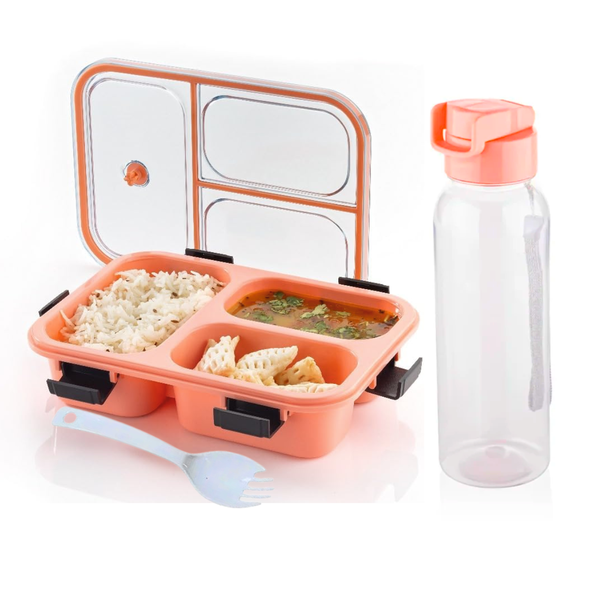 AM5603 Tokyo 3 Compartment Plastic Lunch Box with Water Bottle for Boys, Girls, School & Office Men