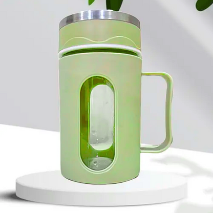 AM5361 Double Wall Glass Mug with Lid-500ml with Plastic Protection and Transparent Window, Handle, and Strainer for Home and Office (Multicolor)