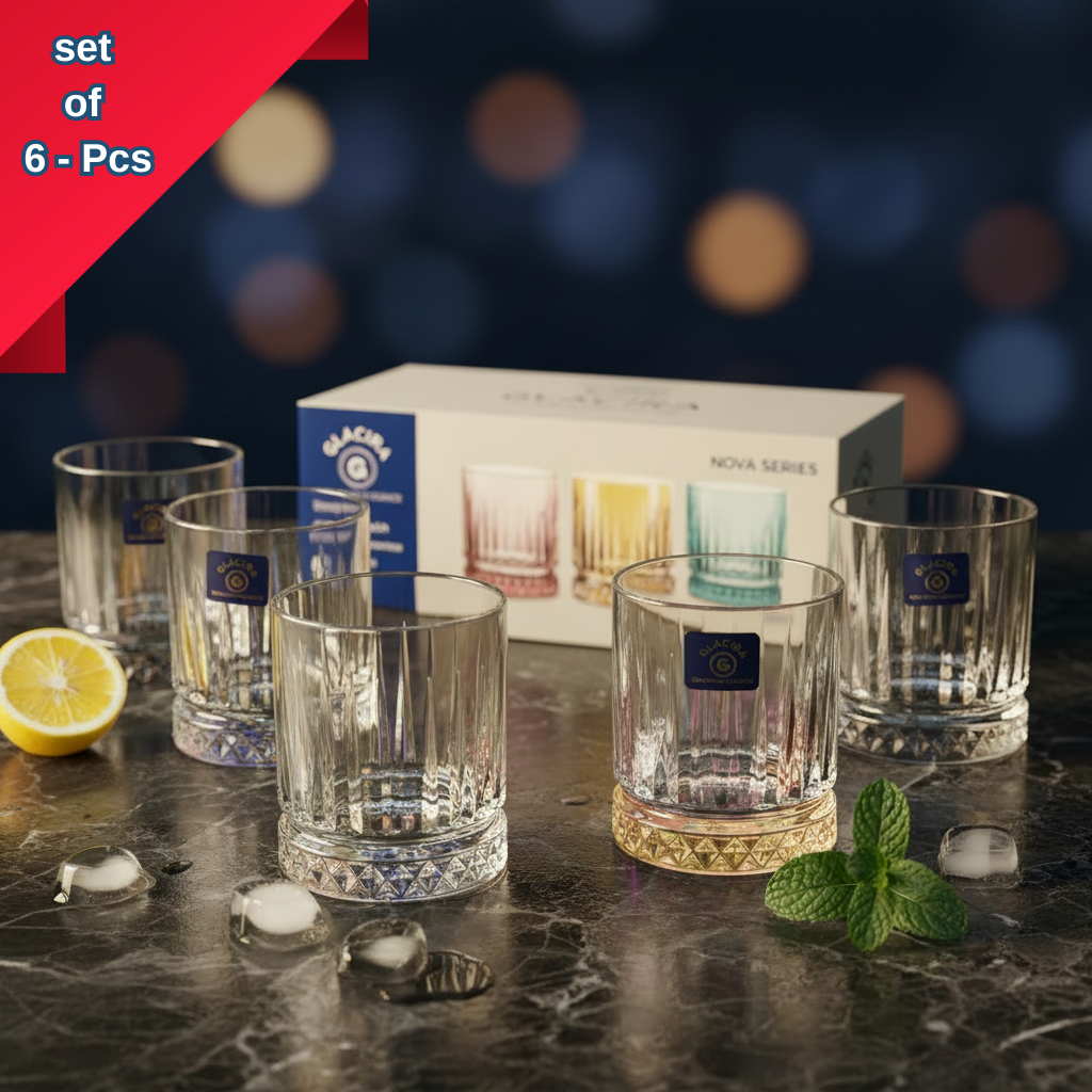 AM7797 GLACIRA NOVA SERIES GLASS TUMBLERS SET OF 6 FOR STYLISH BEVERAGE SERVING AT HOME