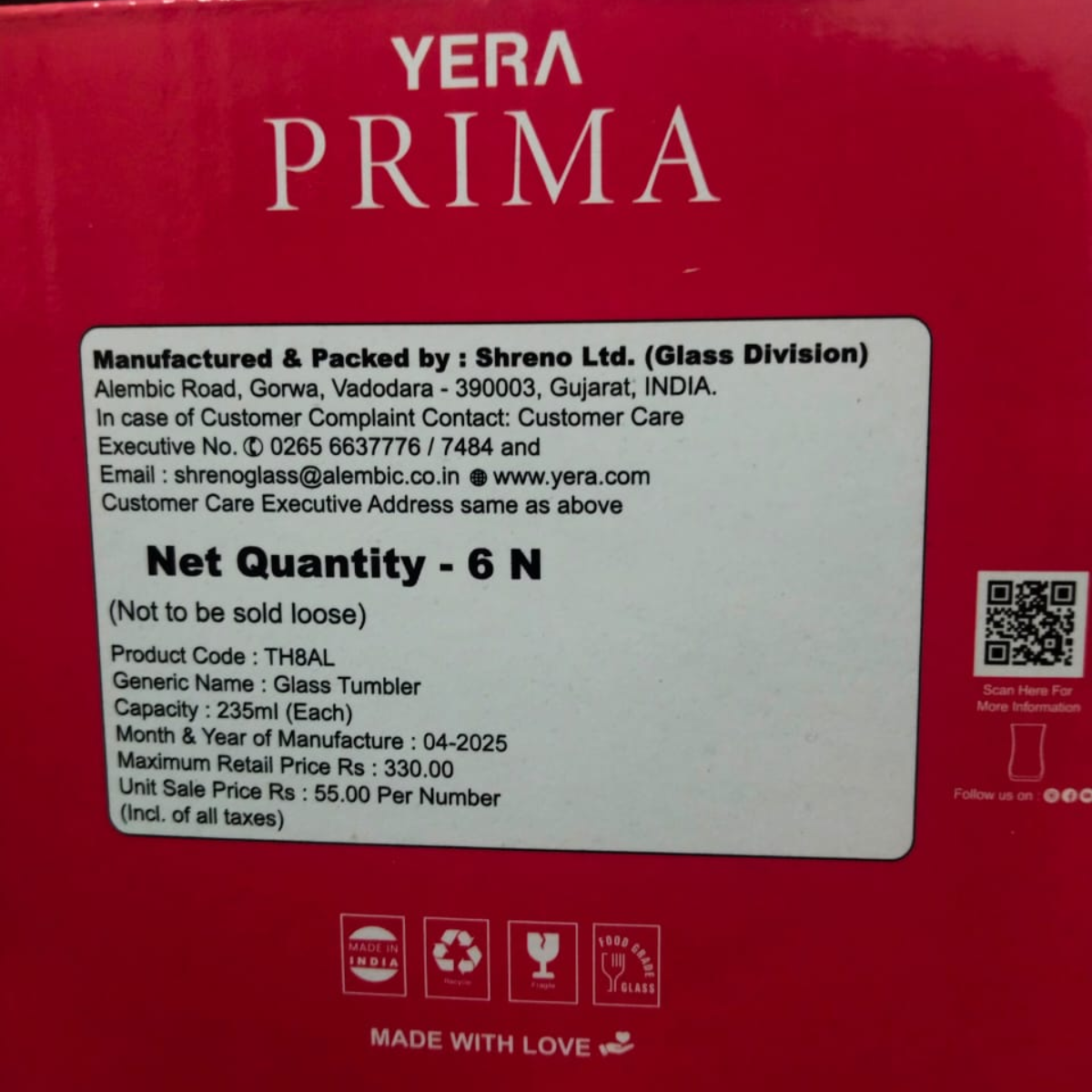 AM5440 YERA Prima Milan ZEST Juice Glass Tumbler -Set of 6 Pcs -Each 235ml
