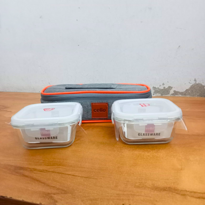 AM5444 Cello Royale Square Glass Lunch Box 320ml x 2 N with Jacket (Hr) (Pack of 2Pc)
