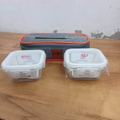 AM5444 Cello Royale Square Glass Lunch Box 320ml x 2 N with Jacket (Hr) (Pack of 2Pc)