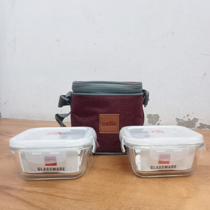 AM5445 Cello Royale Round Glass Lunch Box 320ml x 2 N with Jacket (Vr) (Pack of 2Pc)