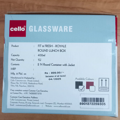 AM5447 Cello Royale Round Glass Lunch Box 400ml x 2 N with Jacket (Vr) (Pack of 2Pc)