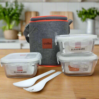 AM5448 Cello Royale Square Glass Lunch Box 320ml x 2 N with Jacket (Vr) (Pack of 2Pc)
