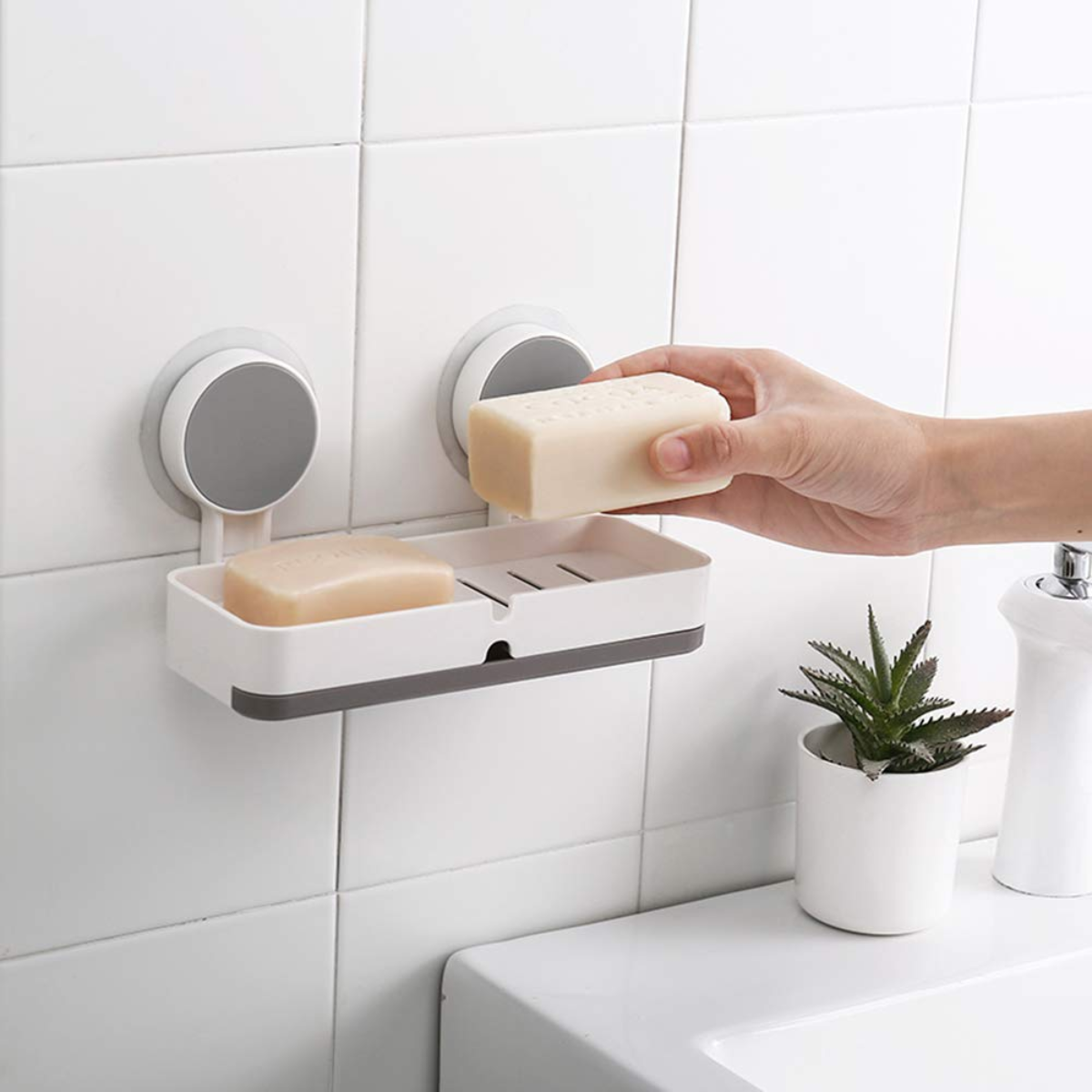 AM5479 Adhesive Soap Dish Holder with Drain- Weight Bathroom Shelf -Kitchen Holder for Soap Shampoo White-Layfoo