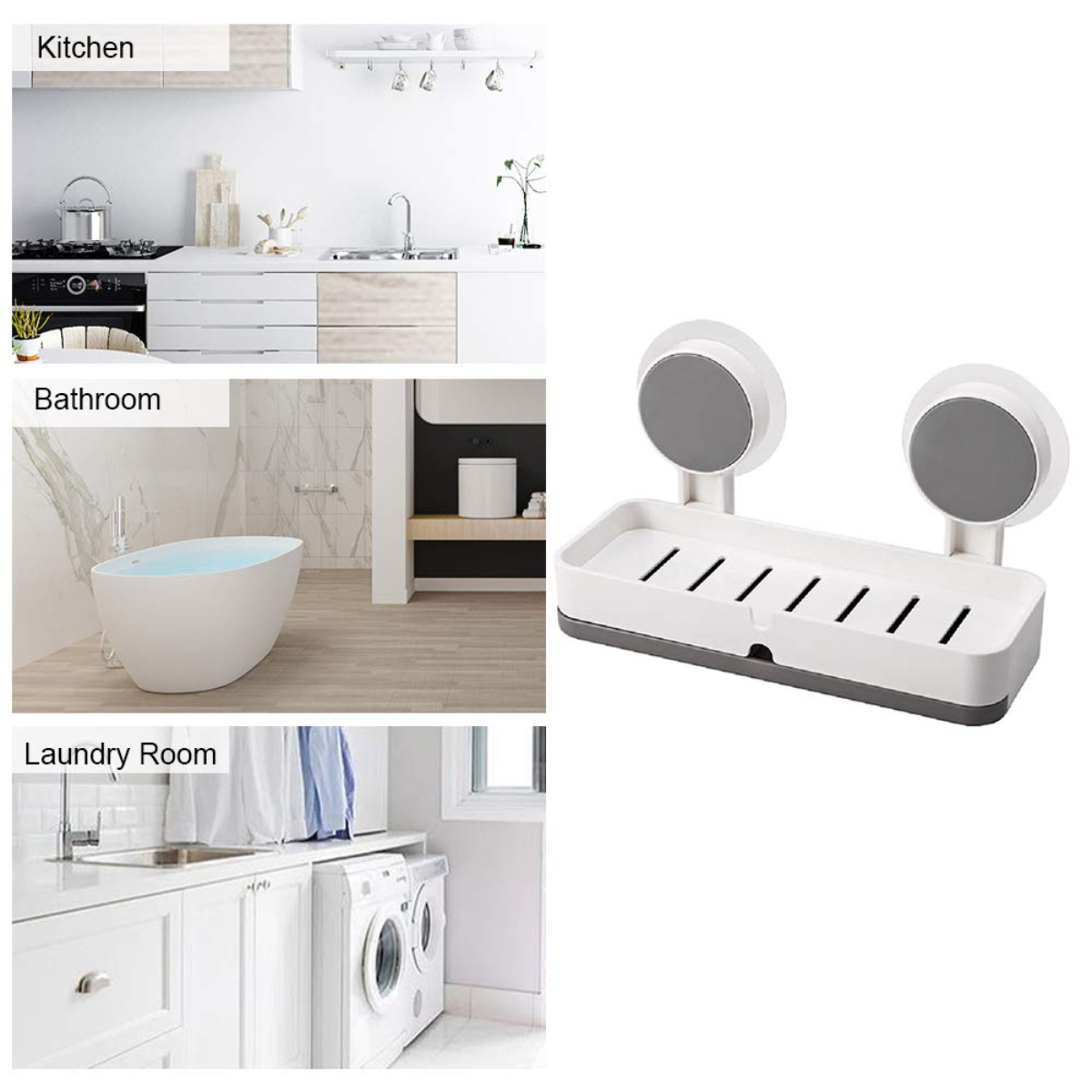 AM5479 Adhesive Soap Dish Holder with Drain- Weight Bathroom Shelf -Kitchen Holder for Soap Shampoo White-Layfoo