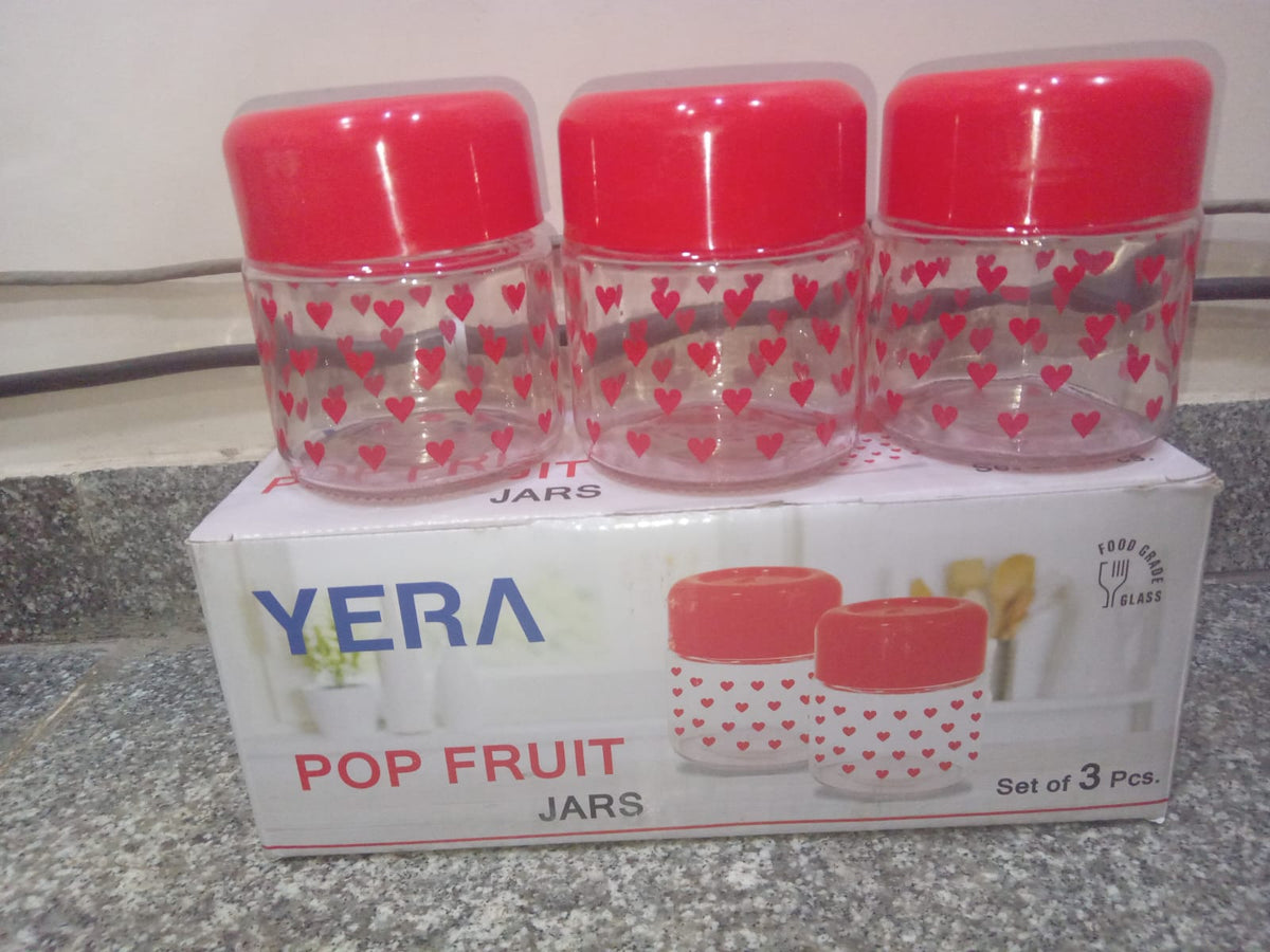 3568 YERA Pop Fruit Printed Glass Jar with Lid Set, 280ml, Pack of 3