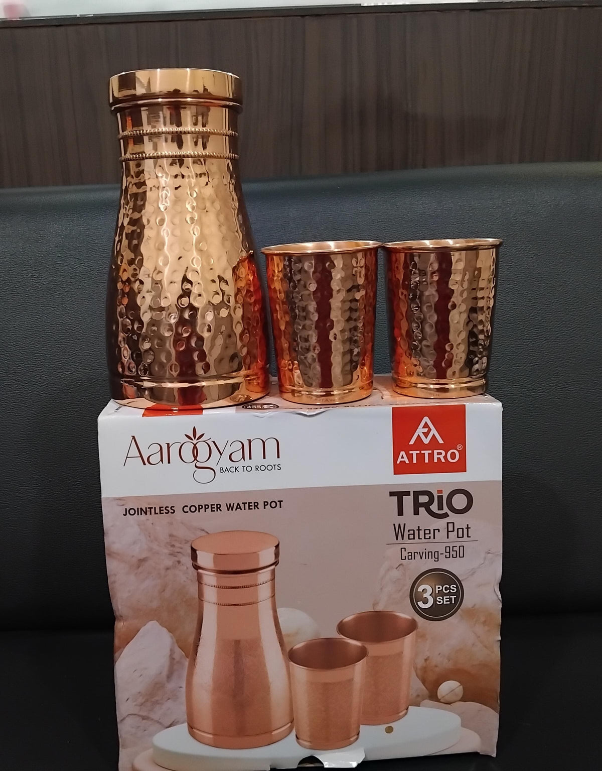 AM2614 Attro Hammered (ACS007) Finish Copper Trio Water Pot with Lid & 2 Glasses 950ml Pack Of 3 Pcs