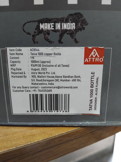 AM2673 Attro Aarogyam Tatva Copper Bottle Alice Floral ACB144 1000ml Pack Of 1 Pcs