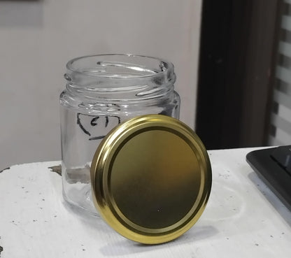 AM2999 Piramal Jar Round Glass Jar with Airtight Metal Lid, 190 ml, Gold Lid 1 Pcs