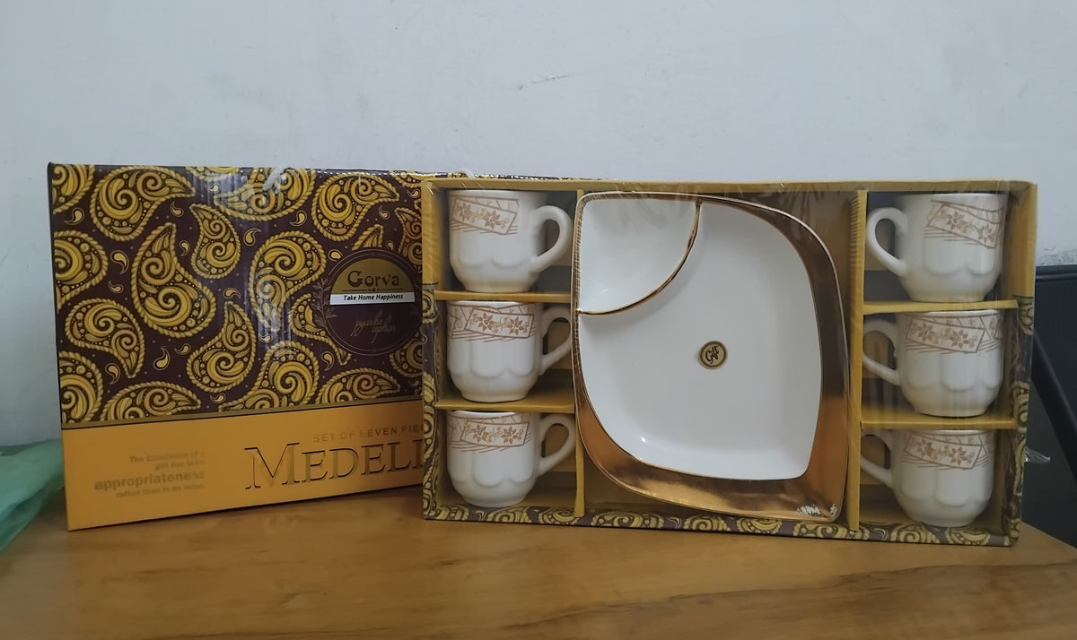 AM3073 Medellin 6 Piece Ceramic Tea/Coffee Cup With Plastic 1 Piece Serving Plate 7 Piece