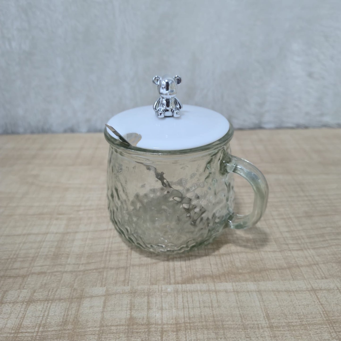 AM7133 Glass Tea Coffee Mug with White Teddy Bear Handle Heat-Resistant Tea Cup