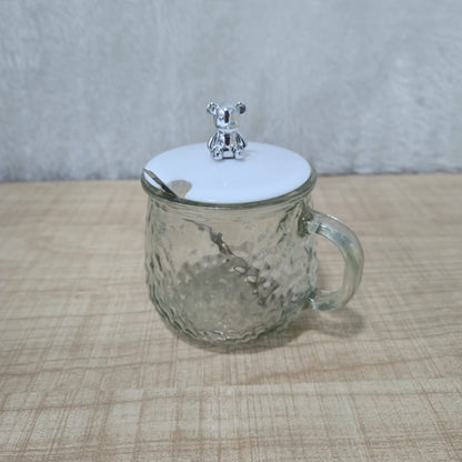 AM7133 Glass Tea Coffee Mug with White Teddy Bear Handle Heat-Resistant Tea Cup