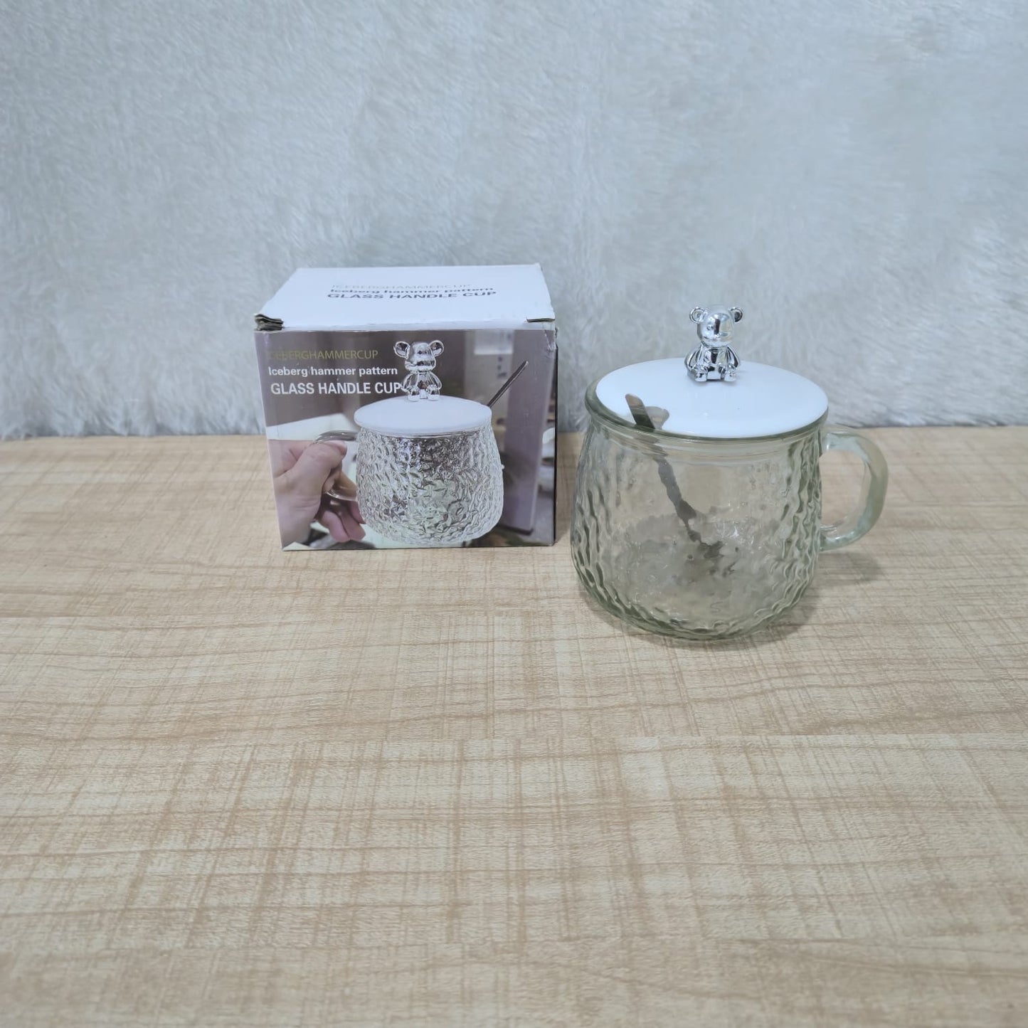 AM7133 Glass Tea Coffee Mug with White Teddy Bear Handle Heat-Resistant Tea Cup