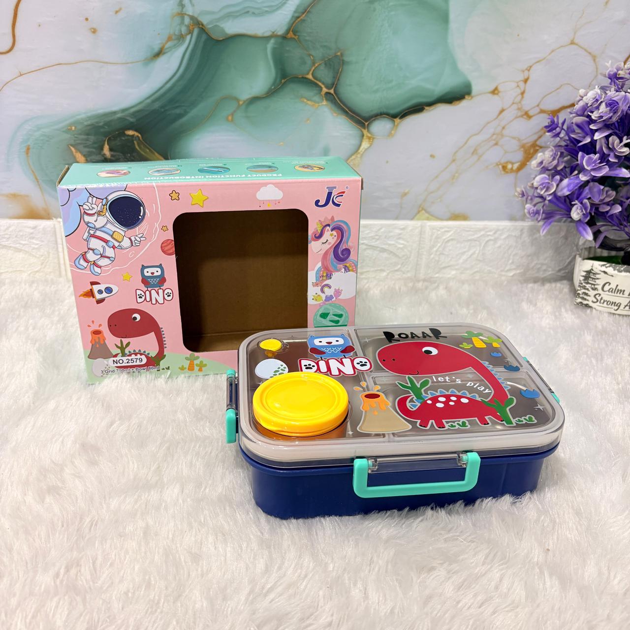 AM7371 Dino-Themed Multi-Compartment Kids' Lunch Box with Stainless Steel Interior and Insulated Soup Bowl