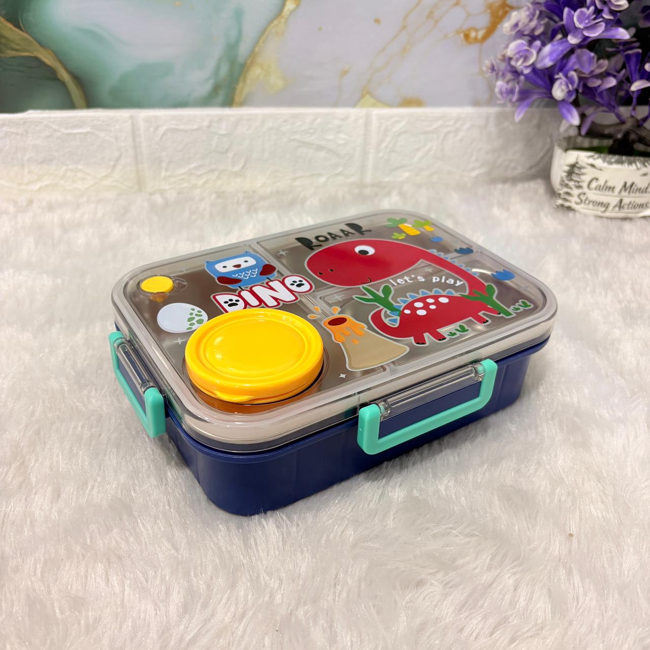 AM7371 Dino-Themed Multi-Compartment Kids' Lunch Box with Stainless Steel Interior and Insulated Soup Bowl