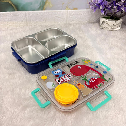 AM7371 Dino-Themed Multi-Compartment Kids' Lunch Box with Stainless Steel Interior and Insulated Soup Bowl